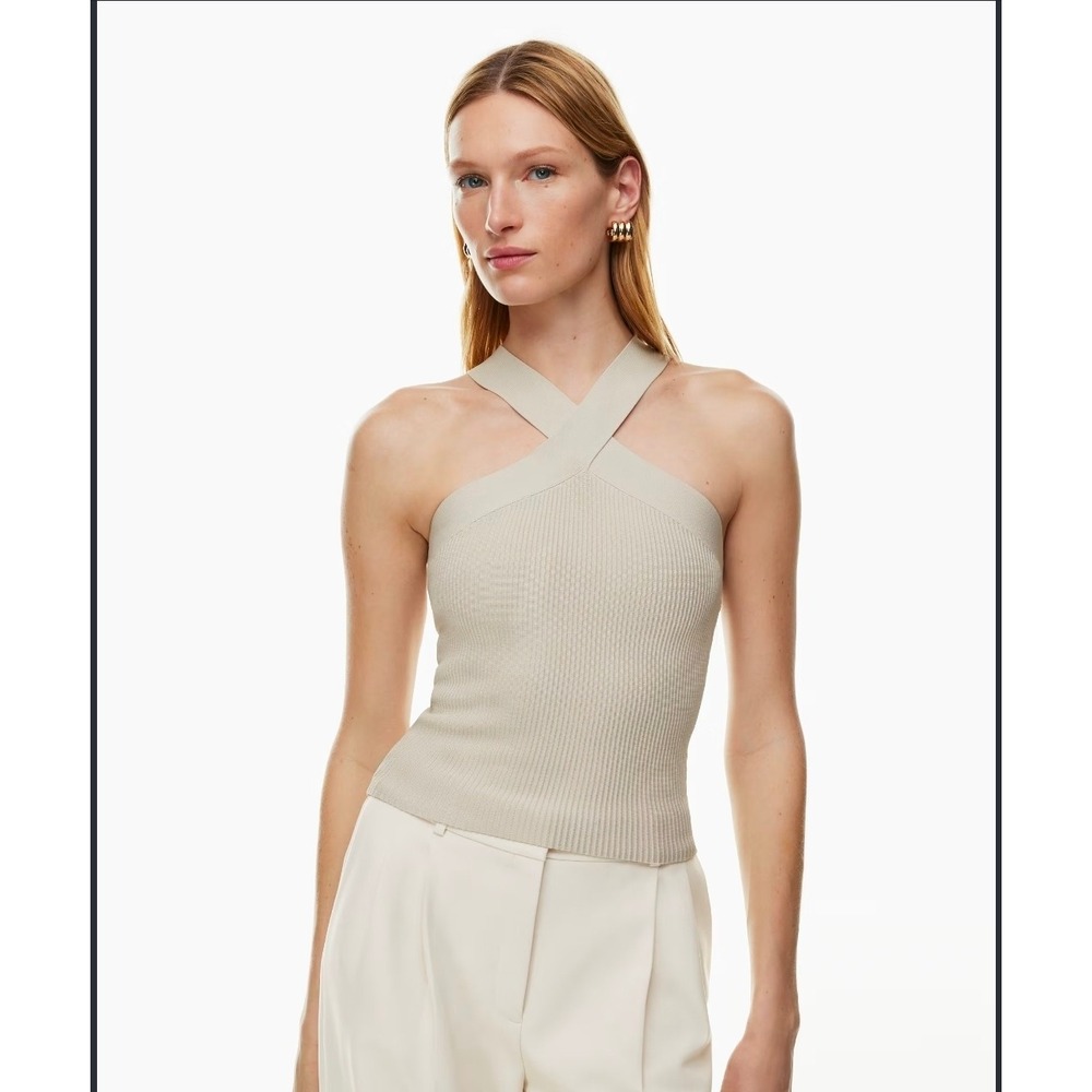 Babaton Aritzia Sculpt Knit Criss Cross Halter Top Beige Small Ribbed 77075